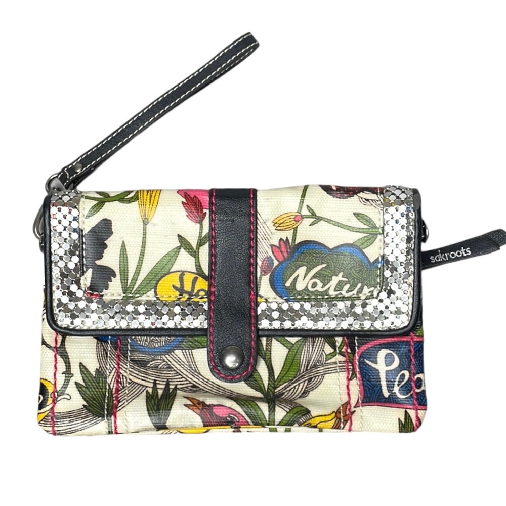 SAKROOTS COLORFUL COATED CANVAS BIRD / FLORAL / “PEACE” PRINT WRISTLET w/ BLING